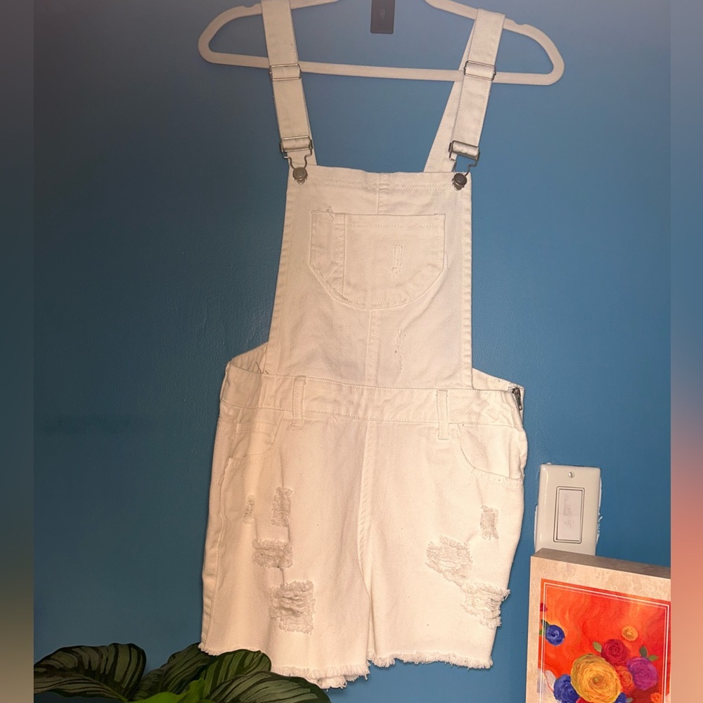 WOMENS HARPER WHITE DEMIN DISTRESSED OVERALLS